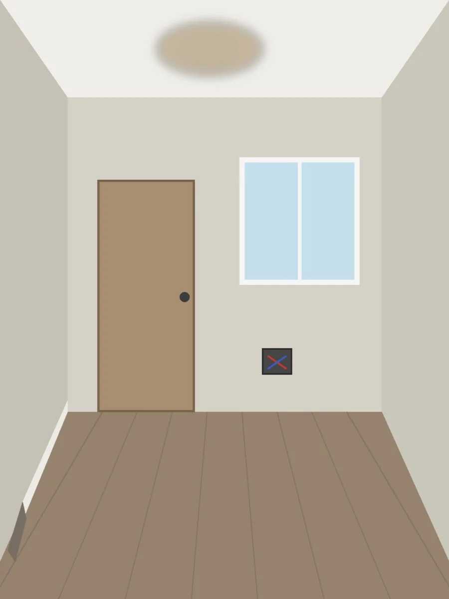 A room with three numbered marks: one on a ceiling stain, one on a socket and one on a loose skirting board.