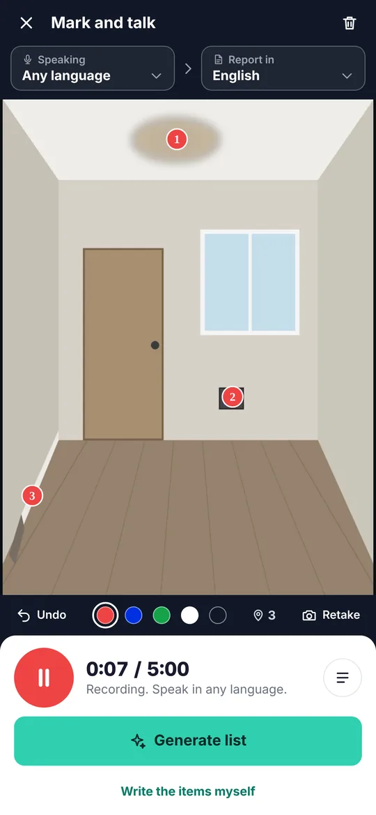 The walk screen while recording: the two choices Speaking and Report in at the top, the photo with three numbered marks, and the record button.
