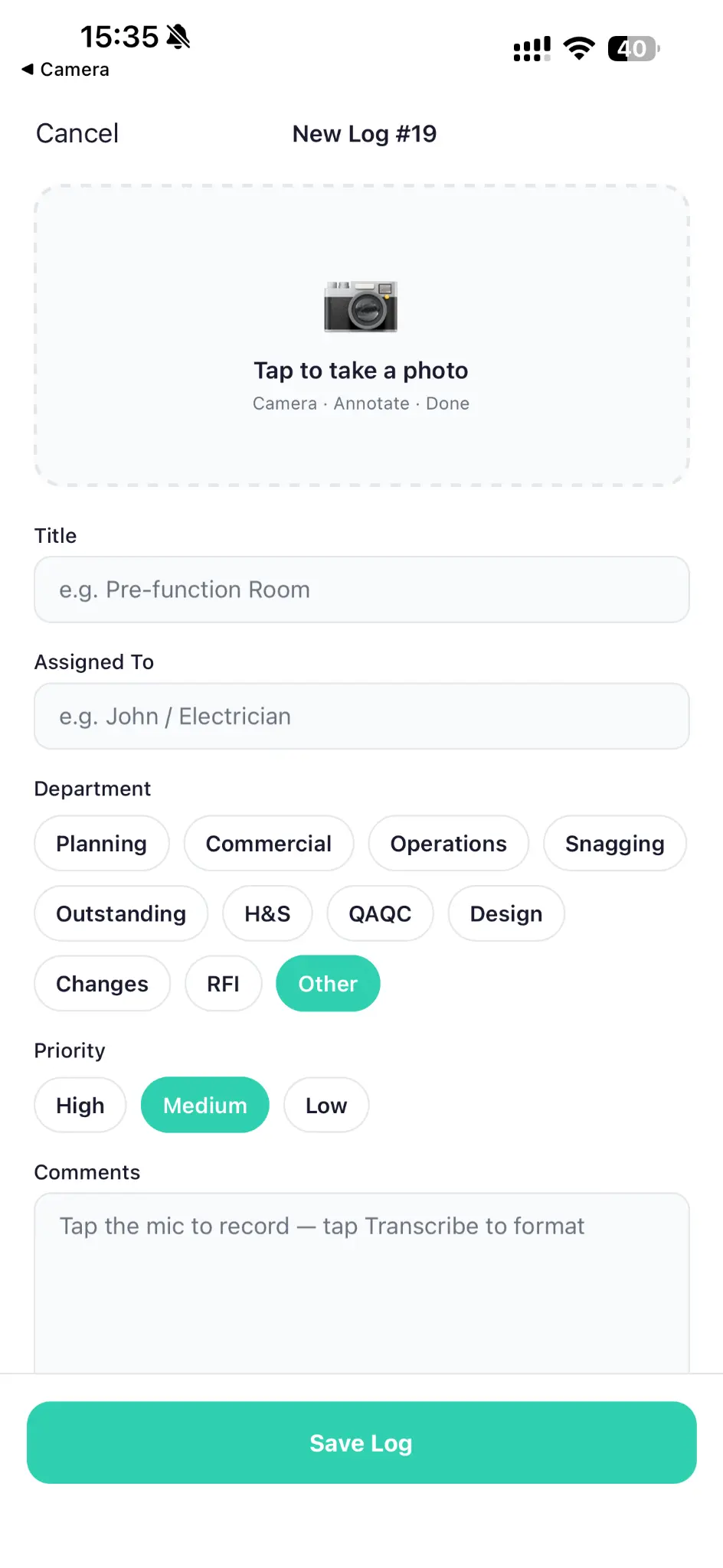 Site Log - New log entry