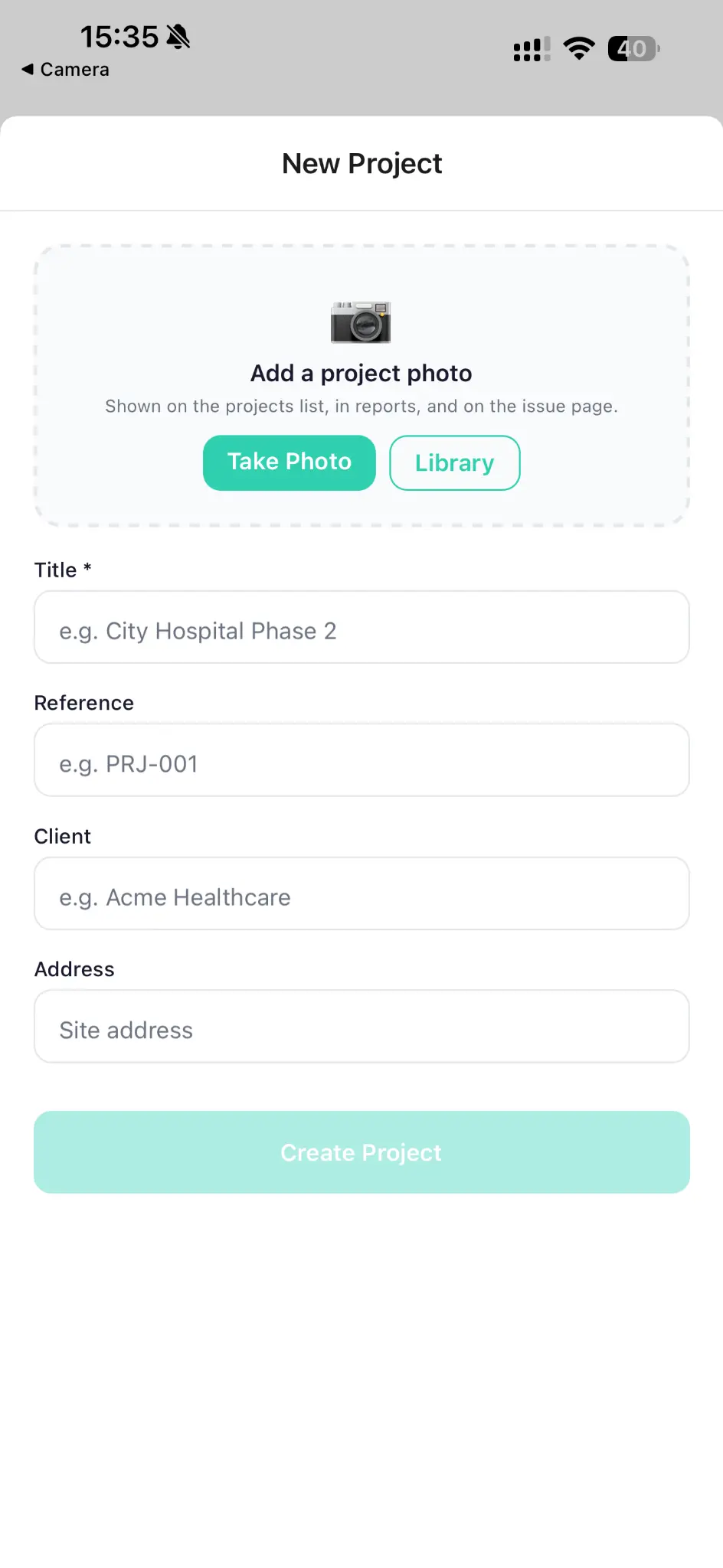 Site Log - Create new project